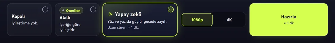 Nexum Video alt şeridi: Kapalı, Akıllı ve seçili Yapay zekâ kalite kartları, 1080p ve 4K seçimi, süre tahminiyle Hazırla düğmesi (örnek video)
