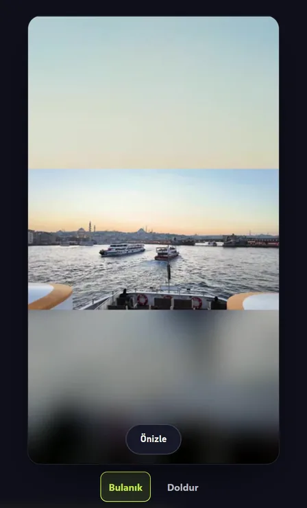 Nexum Video önizlemesi: dikey 9:16 çerçevenin tamamı; üstte ve altta videonun bulanık kopyası, ortada yatay video; altında Önizle düğmesi ile Bulanık ve Doldur seçimi (örnek video)